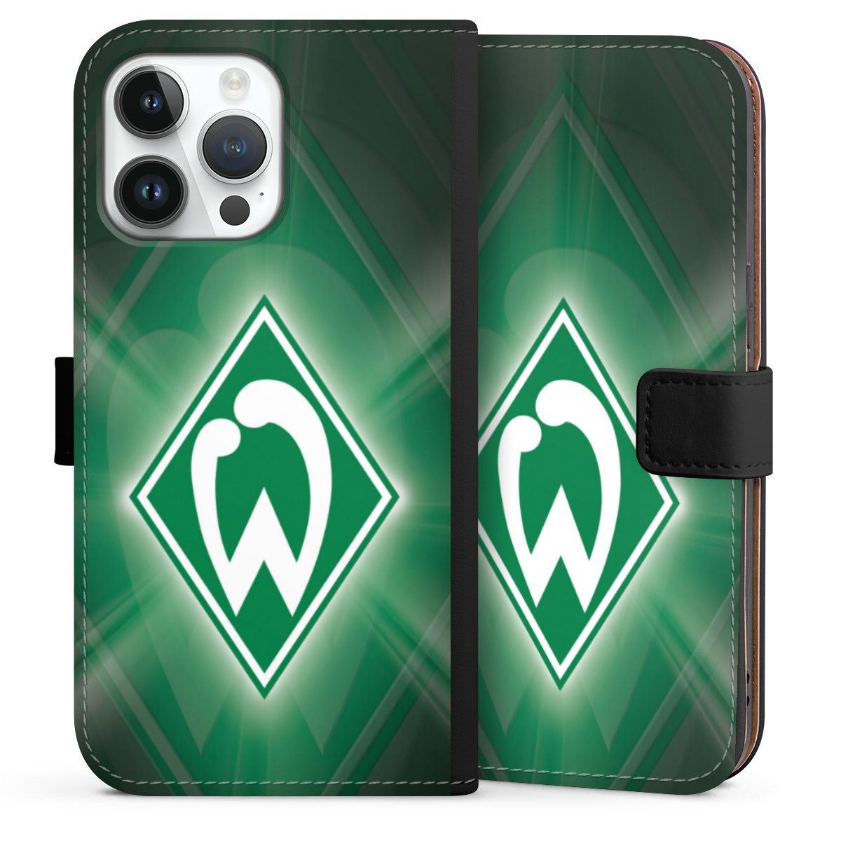 iPhone 14 Pro Max Handy Klapphülle Handyhülle aus Kunst Leder schwarz Flip Case Sv Werder Bremen Official Licensed Product Coat Of Arms Sideflip mit Lasche