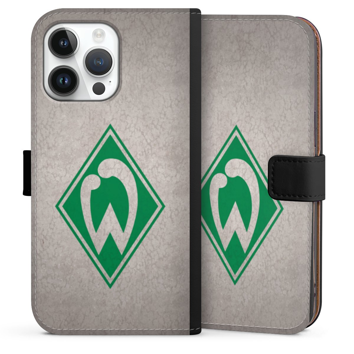 iPhone 14 Pro Max Handy Klapphülle Handyhülle aus Kunst Leder schwarz Flip Case Sv Werder Bremen Concrete Official Licensed Product Sideflip mit Lasche