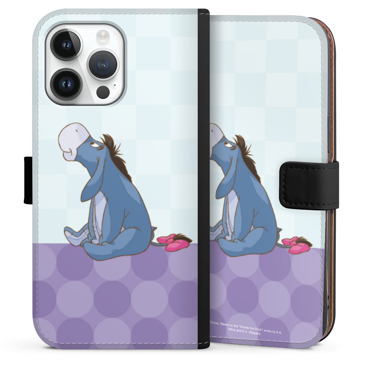 iPhone 14 Pro Max Handy Klapphülle Handyhülle aus Kunst Leder schwarz Flip Case Disney Donkey Winnie The Pooh Sideflip mit Lasche