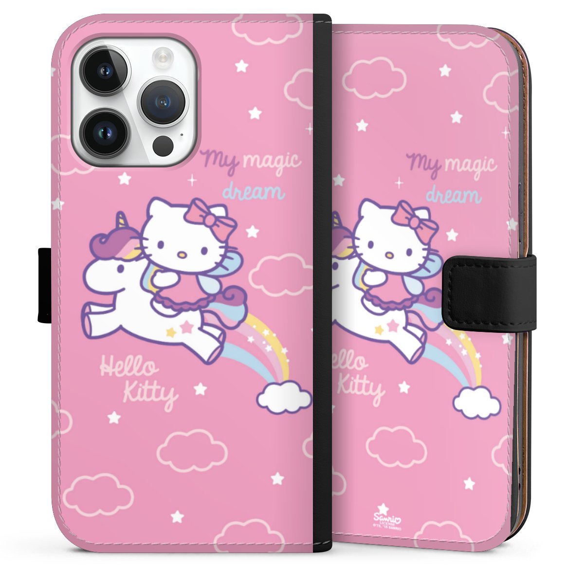 iPhone 14 Pro Max Handy Klapphülle Handyhülle aus Kunst Leder schwarz Flip Case Einhorn Official Licensed Product Hello Kitty Sideflip mit Lasche