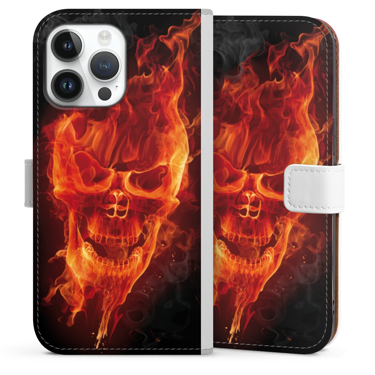 iPhone 14 Pro Max Handy Klapphülle Handyhülle aus Kunst Leder weiß Flip Case Totenkopf Skull Fire Sideflip mit Lasche