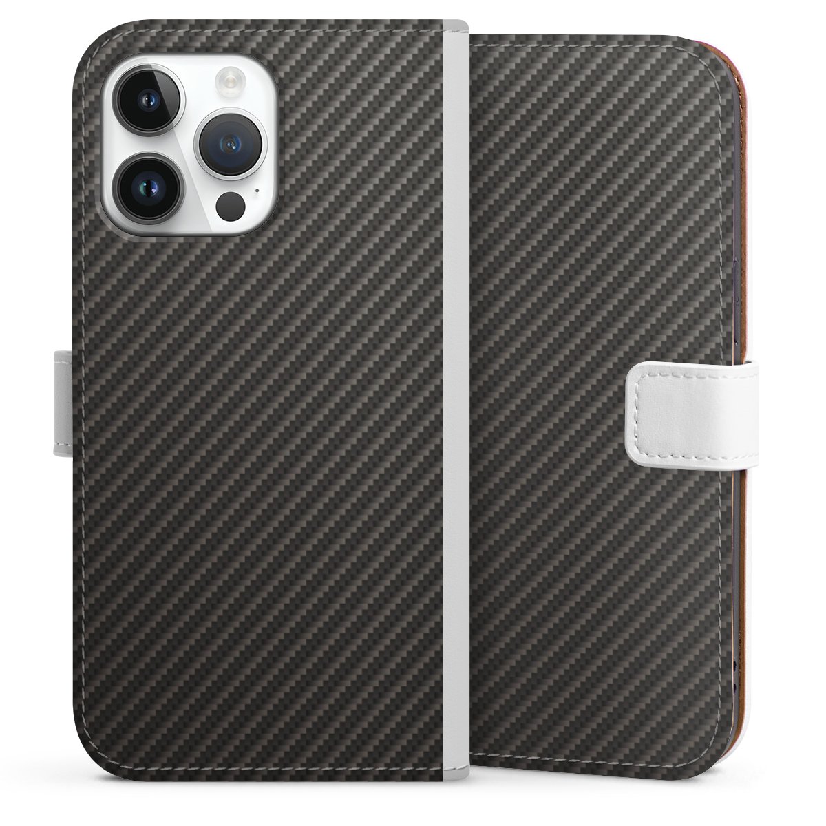 iPhone 14 Pro Max Handy Klapphülle Handyhülle aus Kunst Leder weiß Flip Case Metallic Look Carbon Muster Sideflip mit Lasche