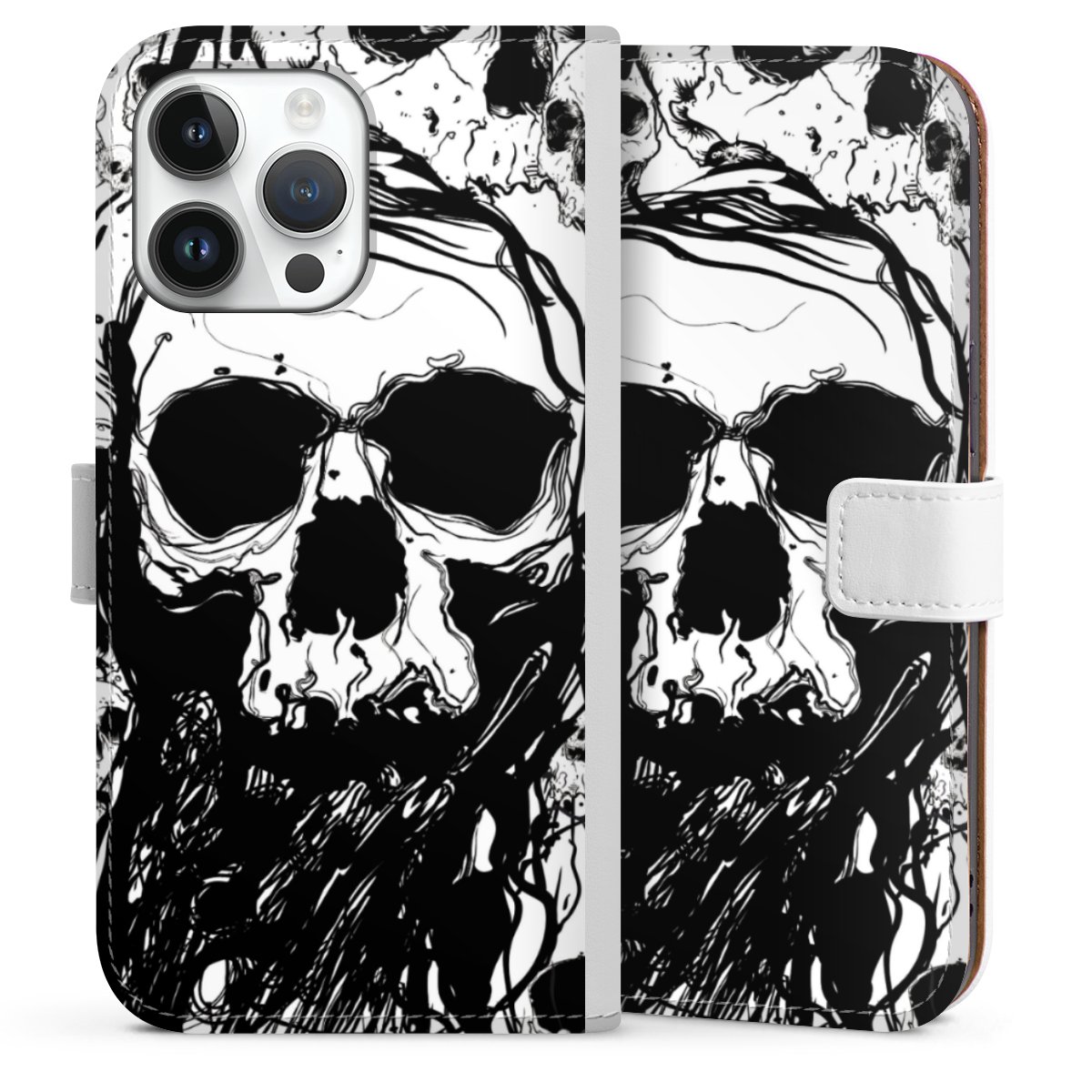 iPhone 14 Pro Max Handy Klapphülle Handyhülle aus Kunst Leder weiß Flip Case Totenkopf Halloween Sideflip mit Lasche