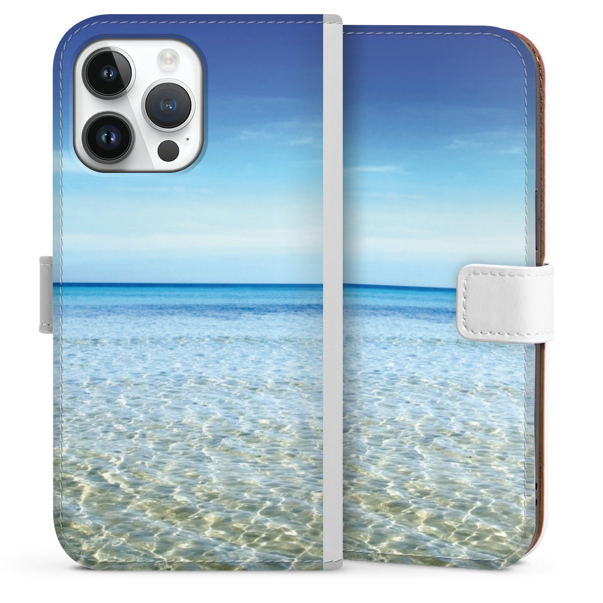 iPhone 14 Pro Max Handy Klapphülle Handyhülle aus Kunst Leder weiß Flip Case Urlaub Sky Ocean Sideflip mit Lasche