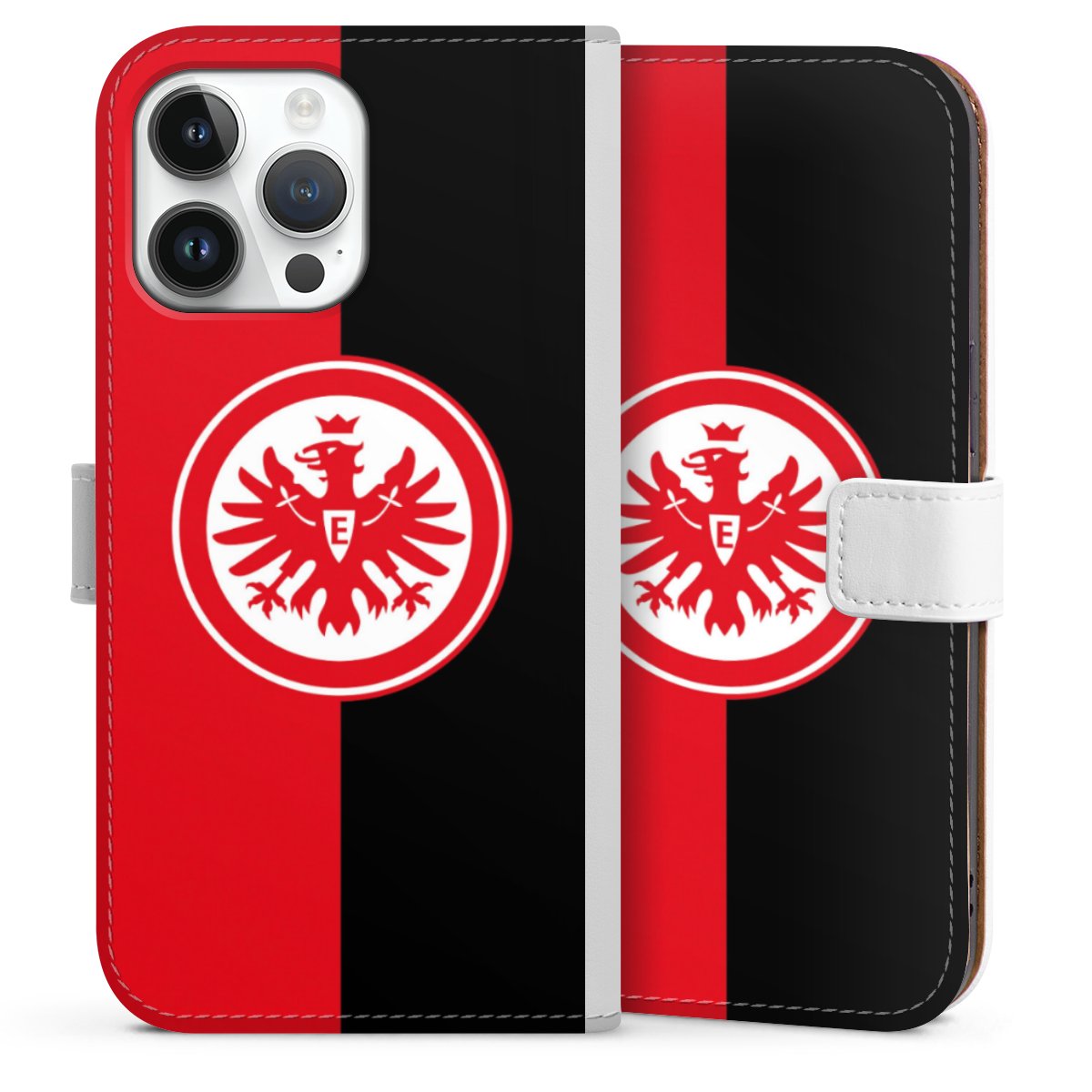 iPhone 14 Pro Max Handy Klapphülle Handyhülle aus Kunst Leder weiß Flip Case Official Licensed Product Eintracht Frankfurt Sge Sideflip mit Lasche