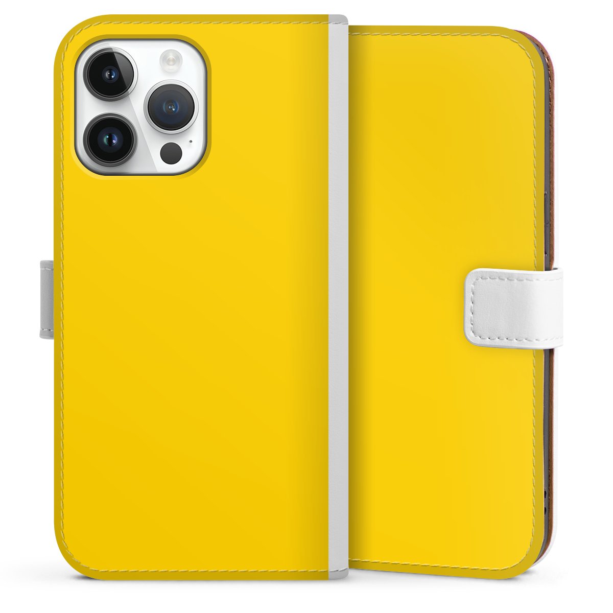 iPhone 14 Pro Max Handy Klapphülle Handyhülle aus Kunst Leder weiß Flip Case Yellow Unicoloured Colour Sideflip mit Lasche