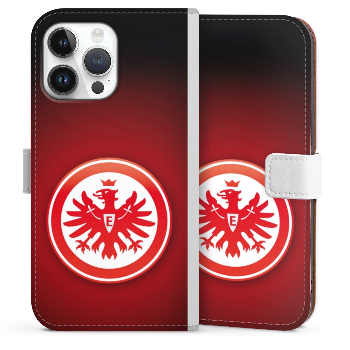 iPhone 14 Pro Max Handy Klapphülle Handyhülle aus Kunst Leder weiß Flip Case Eintracht Frankfurt Official Licensed Product Coat Of Arms Sideflip mit Lasche