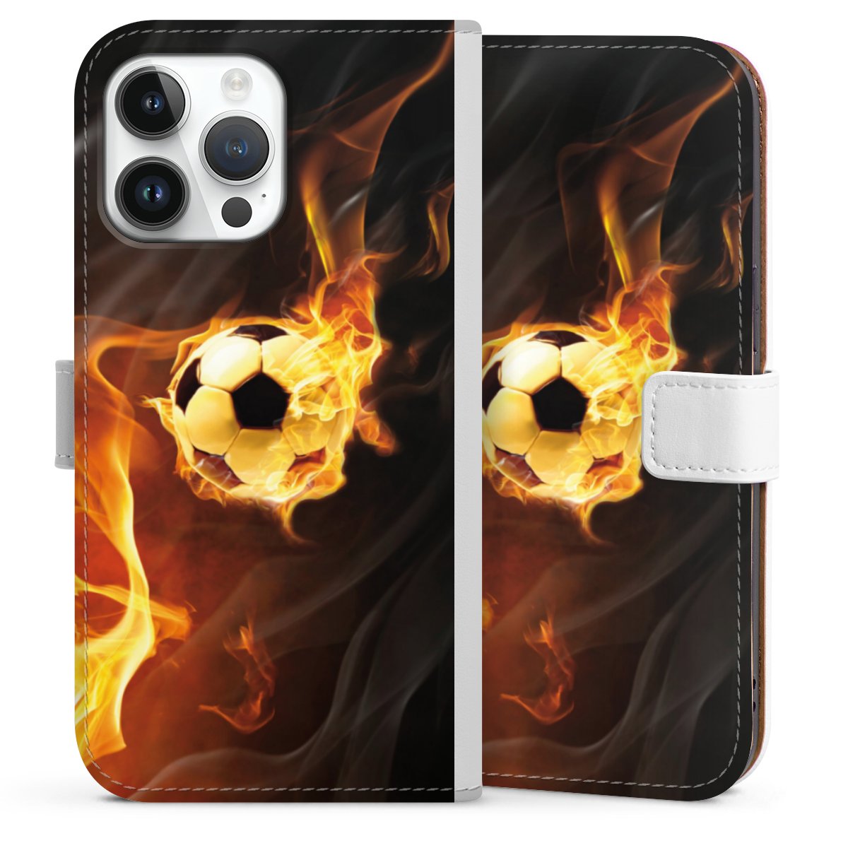 iPhone 14 Pro Max Handy Klapphülle Handyhülle aus Kunst Leder weiß Flip Case Ball Fire Soccer Sideflip mit Lasche