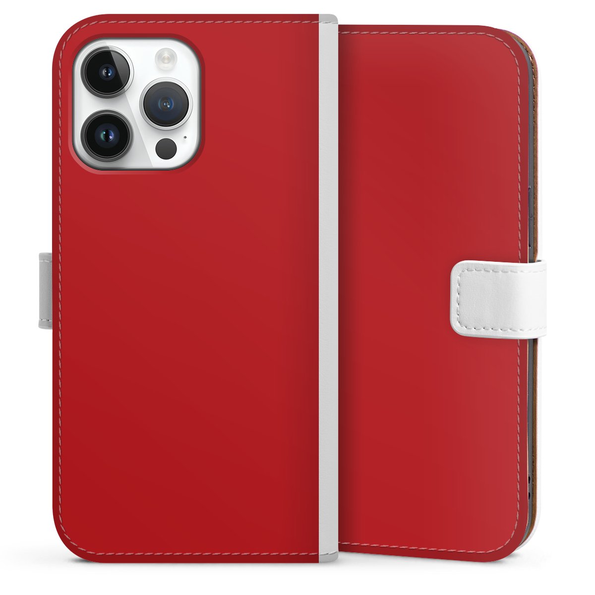 iPhone 14 Pro Max Handy Klapphülle Handyhülle aus Kunst Leder weiß Flip Case Colour Unicoloured Red Sideflip mit Lasche