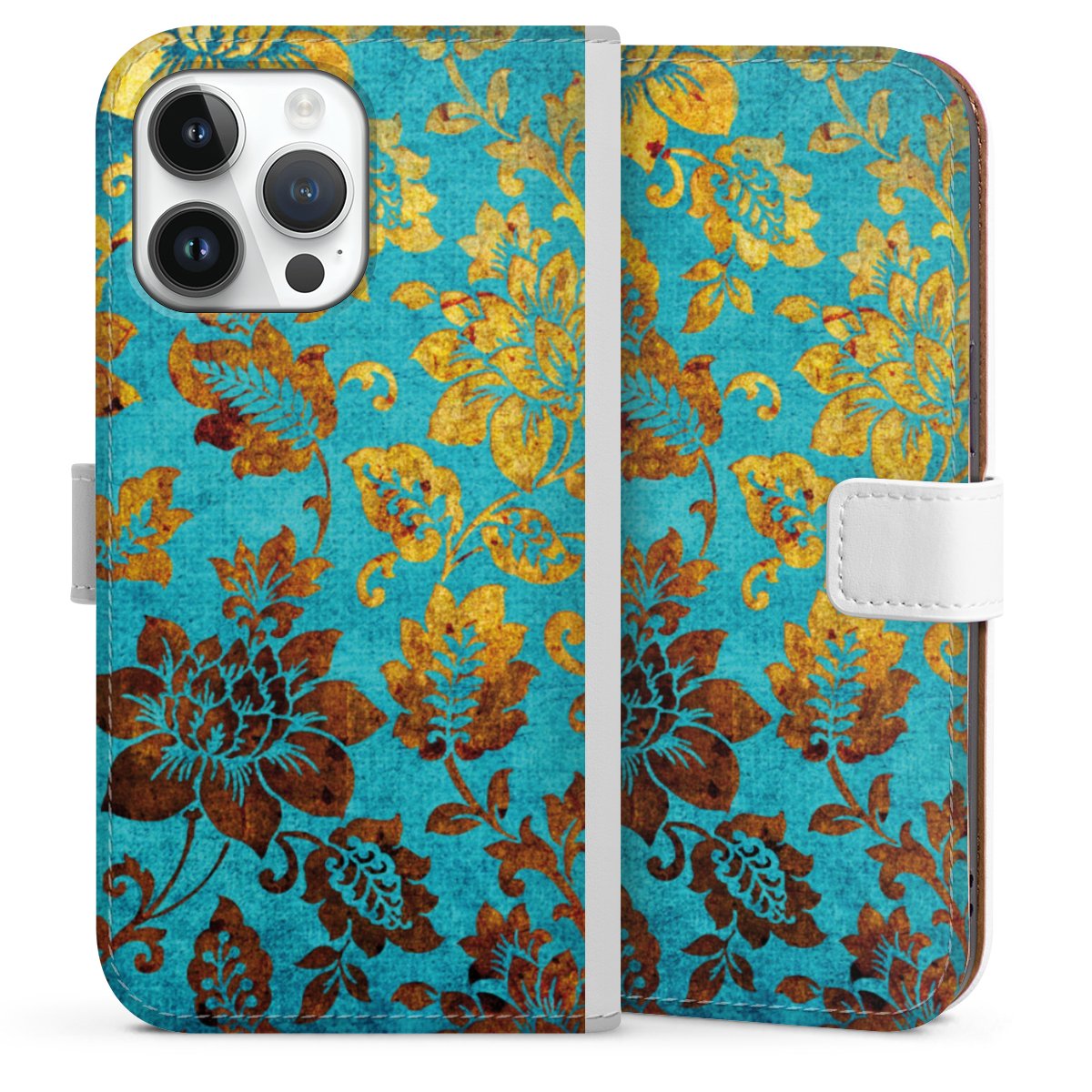 iPhone 14 Pro Max Handy Klapphülle Handyhülle aus Kunst Leder weiß Flip Case Ornament Vintage Flowers Sideflip mit Lasche