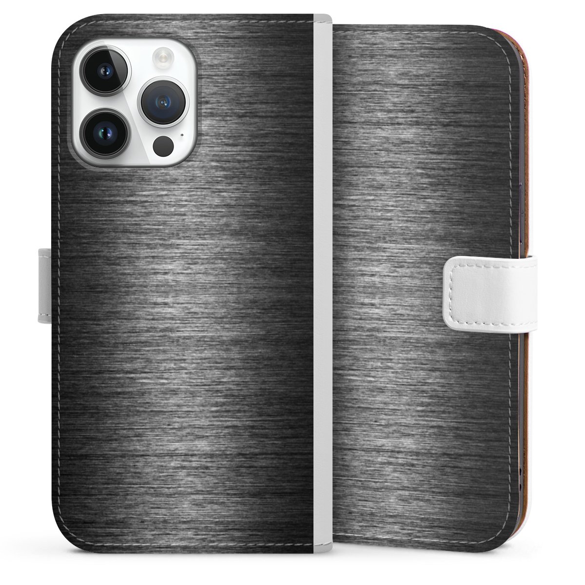 iPhone 14 Pro Max Handy Klapphülle Handyhülle aus Kunst Leder weiß Flip Case Metallic Look Anthracite Metal Sideflip mit Lasche