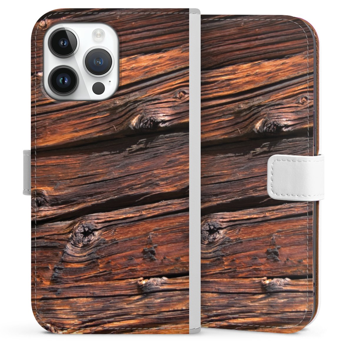 iPhone 14 Pro Max Handy Klapphülle Handyhülle aus Kunst Leder weiß Flip Case Beams Wooden Look Wood Sideflip mit Lasche