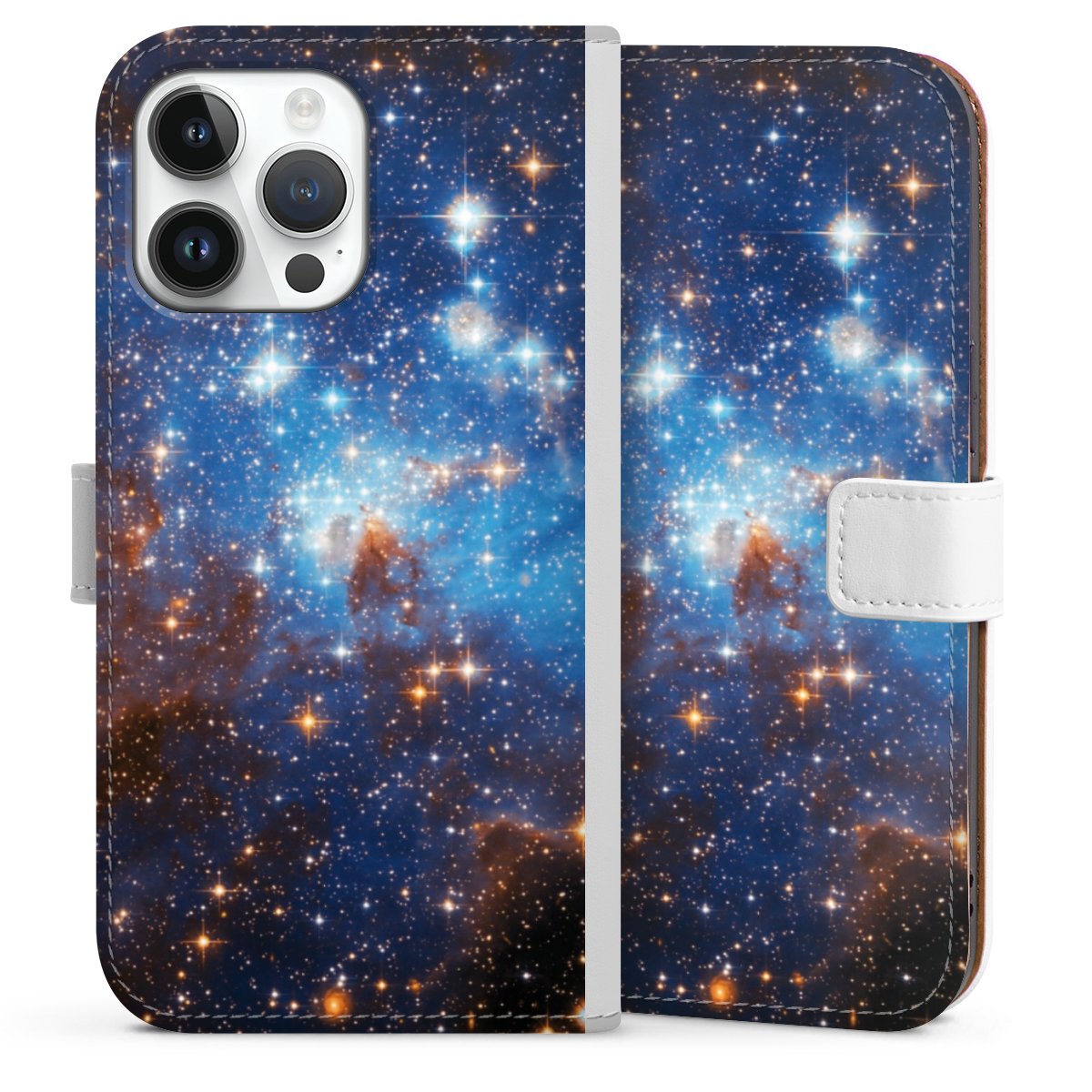 iPhone 14 Pro Max Handy Klapphülle Handyhülle aus Kunst Leder weiß Flip Case Star Weltall Galaxy Sideflip mit Lasche