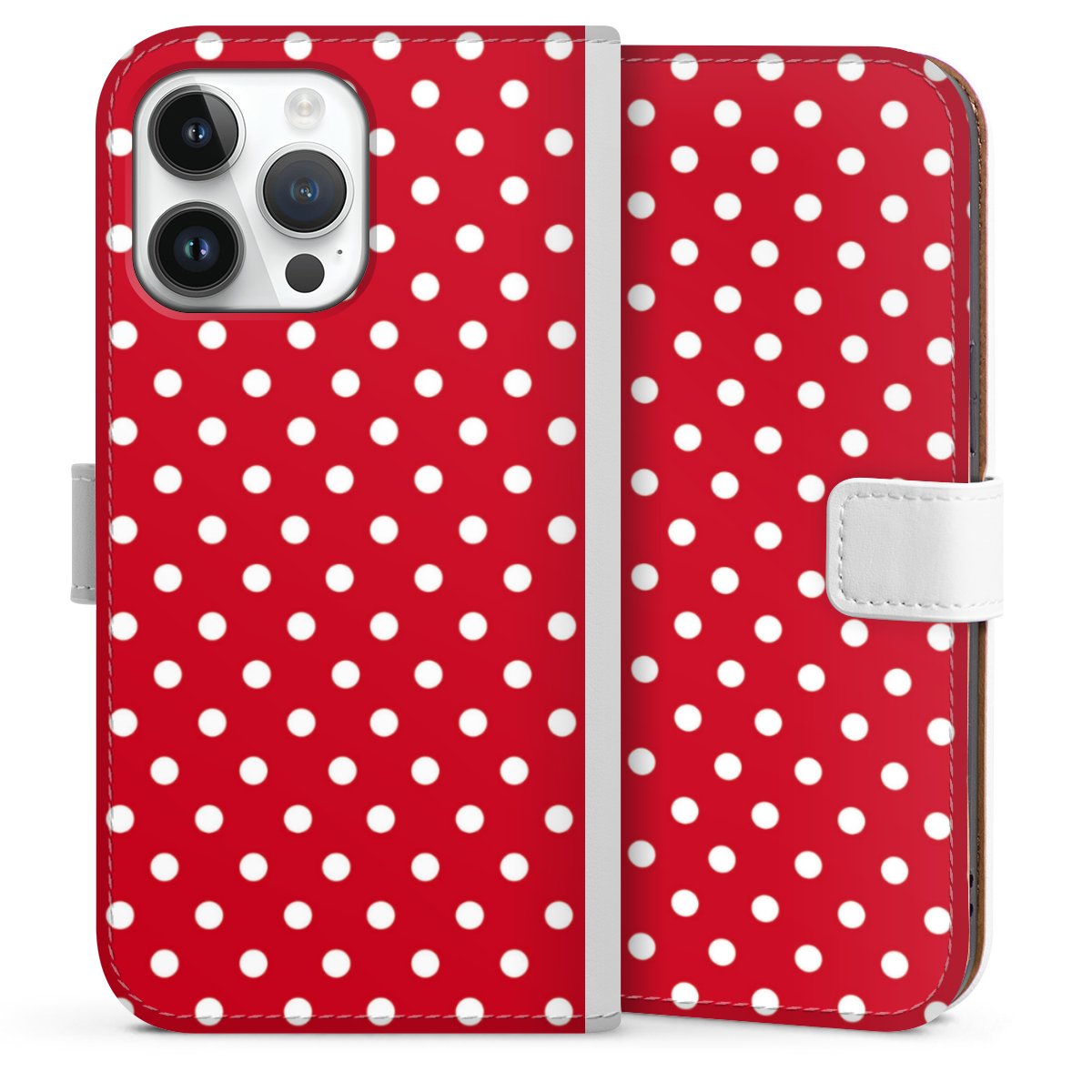 iPhone 14 Pro Max Handy Klapphülle Handyhülle aus Kunst Leder weiß Flip Case Points Polka Dots Retro Sideflip mit Lasche