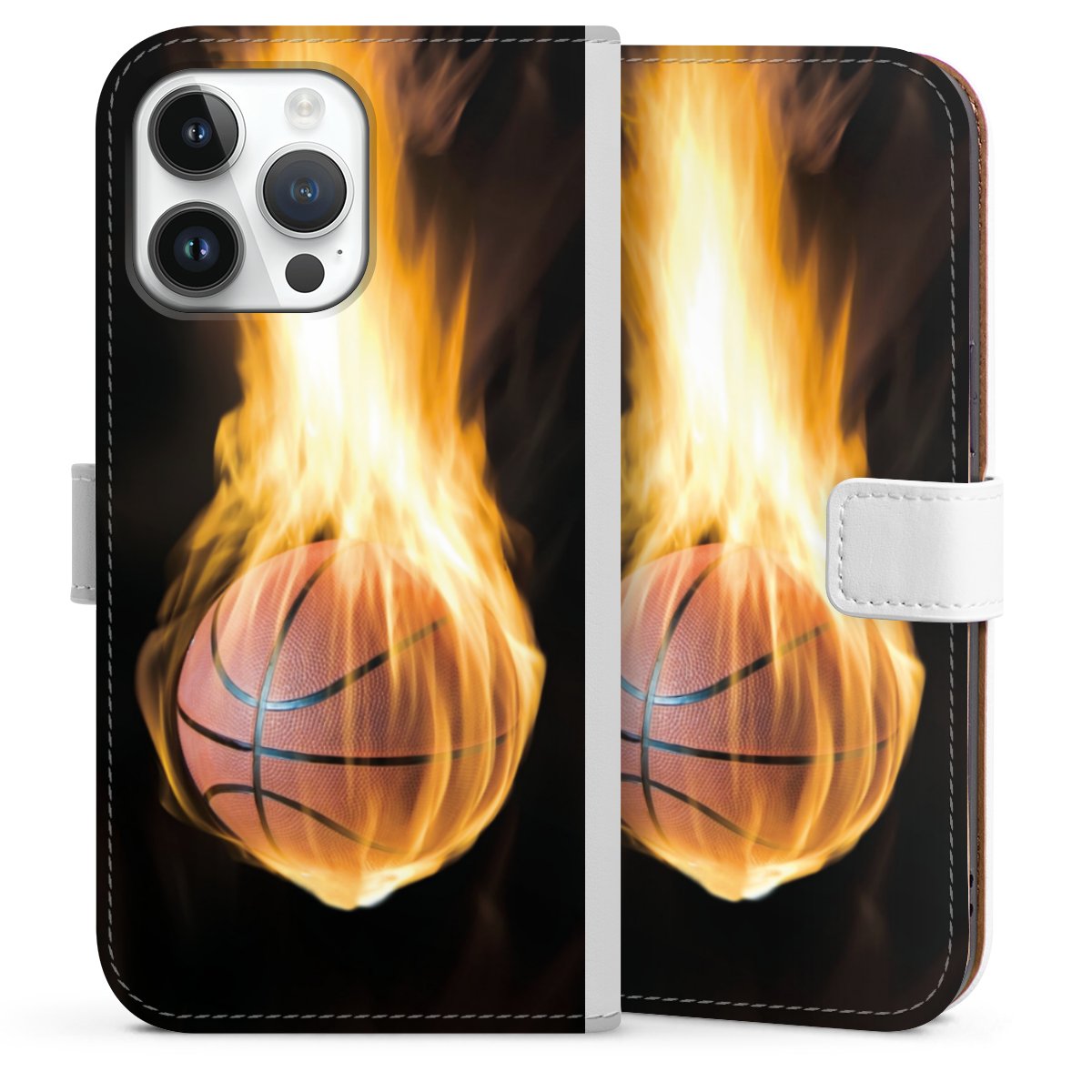 iPhone 14 Pro Max Handy Klapphülle Handyhülle aus Kunst Leder weiß Flip Case Basketball Sports Fire Sideflip mit Lasche