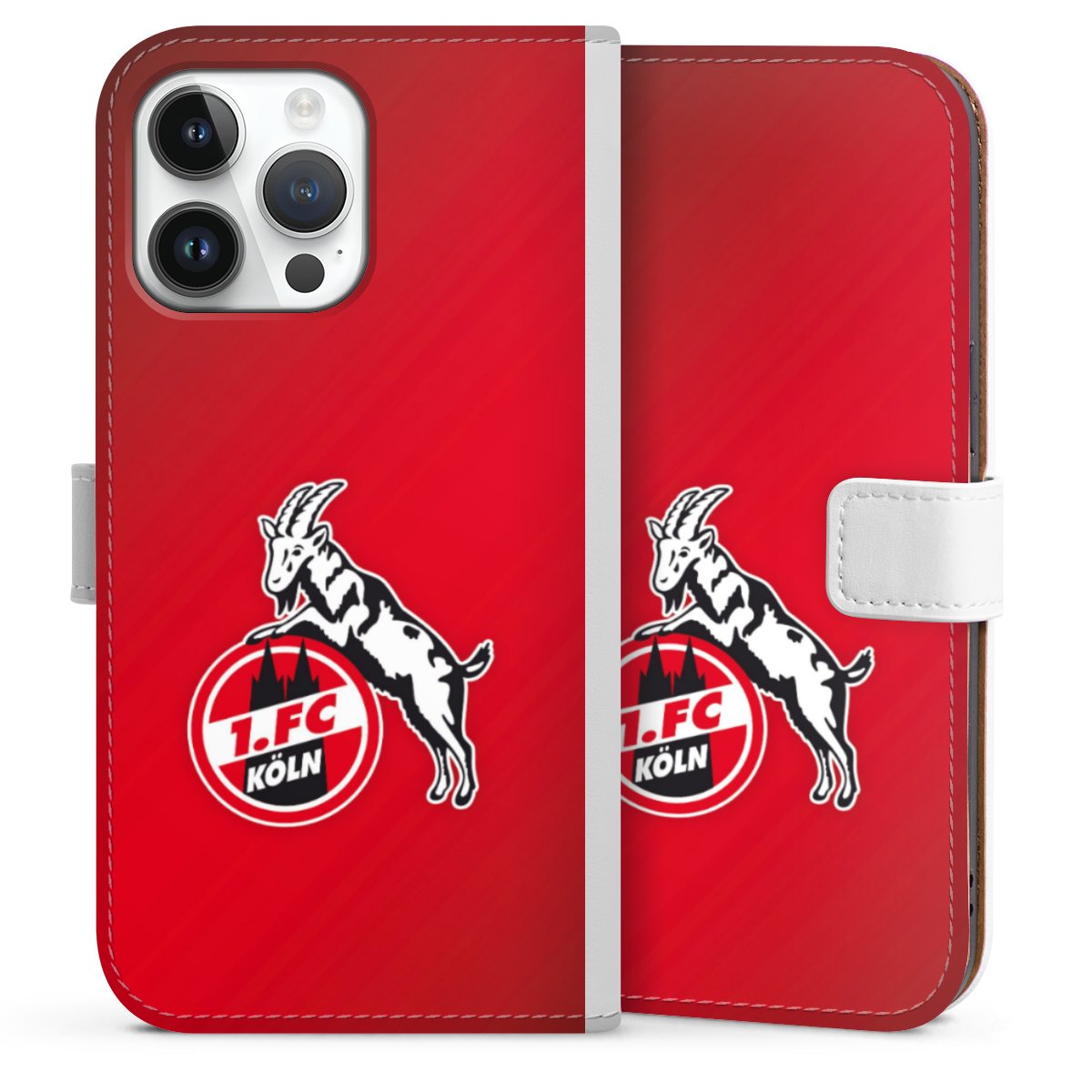 iPhone 14 Pro Max Handy Klapphülle Handyhülle aus Kunst Leder weiß Flip Case Official Licensed Product Effzeh 1. Fc Köln Sideflip mit Lasche