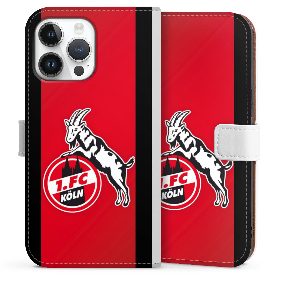 iPhone 14 Pro Max Handy Klapphülle Handyhülle aus Kunst Leder weiß Flip Case Official Licensed Product Billy Goat Hennes 1. Fc Köln Sideflip mit Lasche