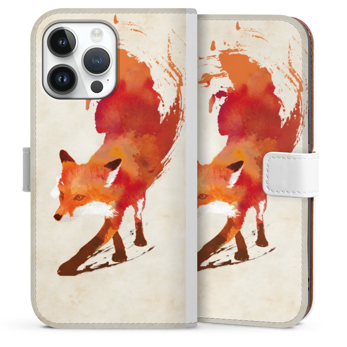 iPhone 14 Pro Max Handy Klapphülle Handyhülle aus Kunst Leder weiß Flip Case Fox Graphic Sideflip mit Lasche