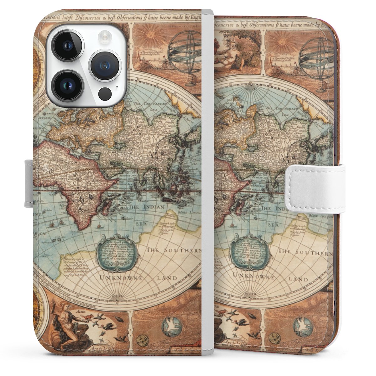 iPhone 14 Pro Max Handy Klapphülle Handyhülle aus Kunst Leder weiß Flip Case World Map Vintage Map Sideflip mit Lasche