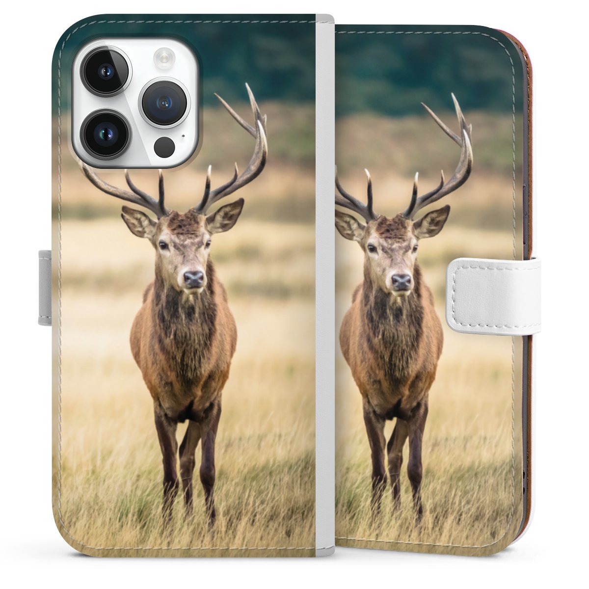 iPhone 14 Pro Max Handy Klapphülle Handyhülle aus Kunst Leder weiß Flip Case Deer Meadow Forrest Sideflip mit Lasche