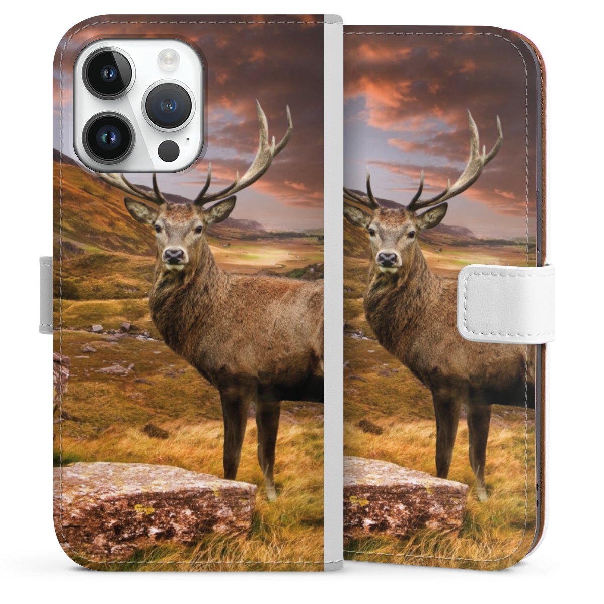 iPhone 14 Pro Max Handy Klapphülle Handyhülle aus Kunst Leder weiß Flip Case Meadow Mountain Deer Sideflip mit Lasche