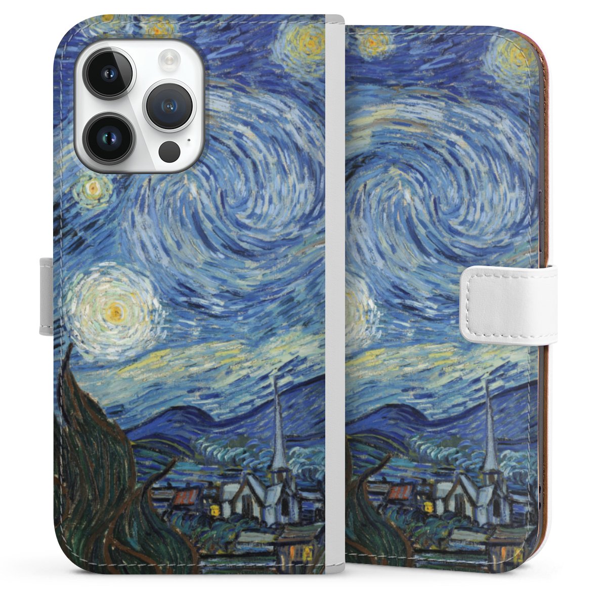 iPhone 14 Pro Max Handy Klapphülle Handyhülle aus Kunst Leder weiß Flip Case The Starry Night Kunst Vincent Van Gogh Sideflip mit Lasche