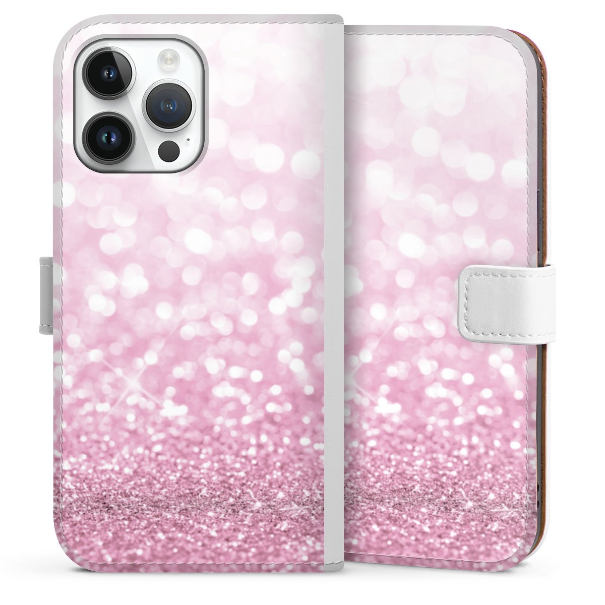 iPhone 14 Pro Max Handy Klapphülle Handyhülle aus Kunst Leder weiß Flip Case Glitzer Pink Shine Sideflip mit Lasche