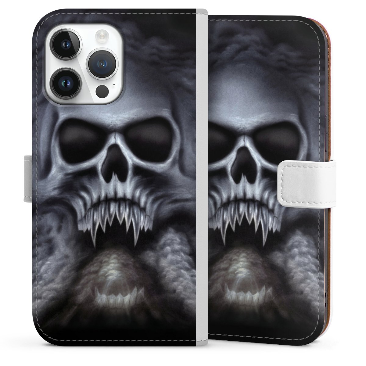 iPhone 14 Pro Max Handy Klapphülle Handyhülle aus Kunst Leder weiß Flip Case Totenkopf Skull Sideflip mit Lasche