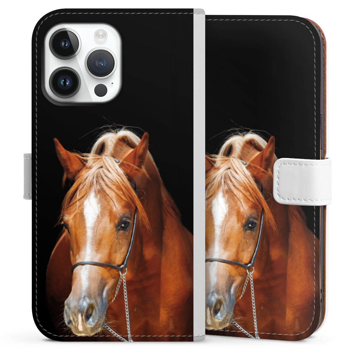 iPhone 14 Pro Max Handy Klapphülle Handyhülle aus Kunst Leder weiß Flip Case Mare Horse Hobby Sideflip mit Lasche