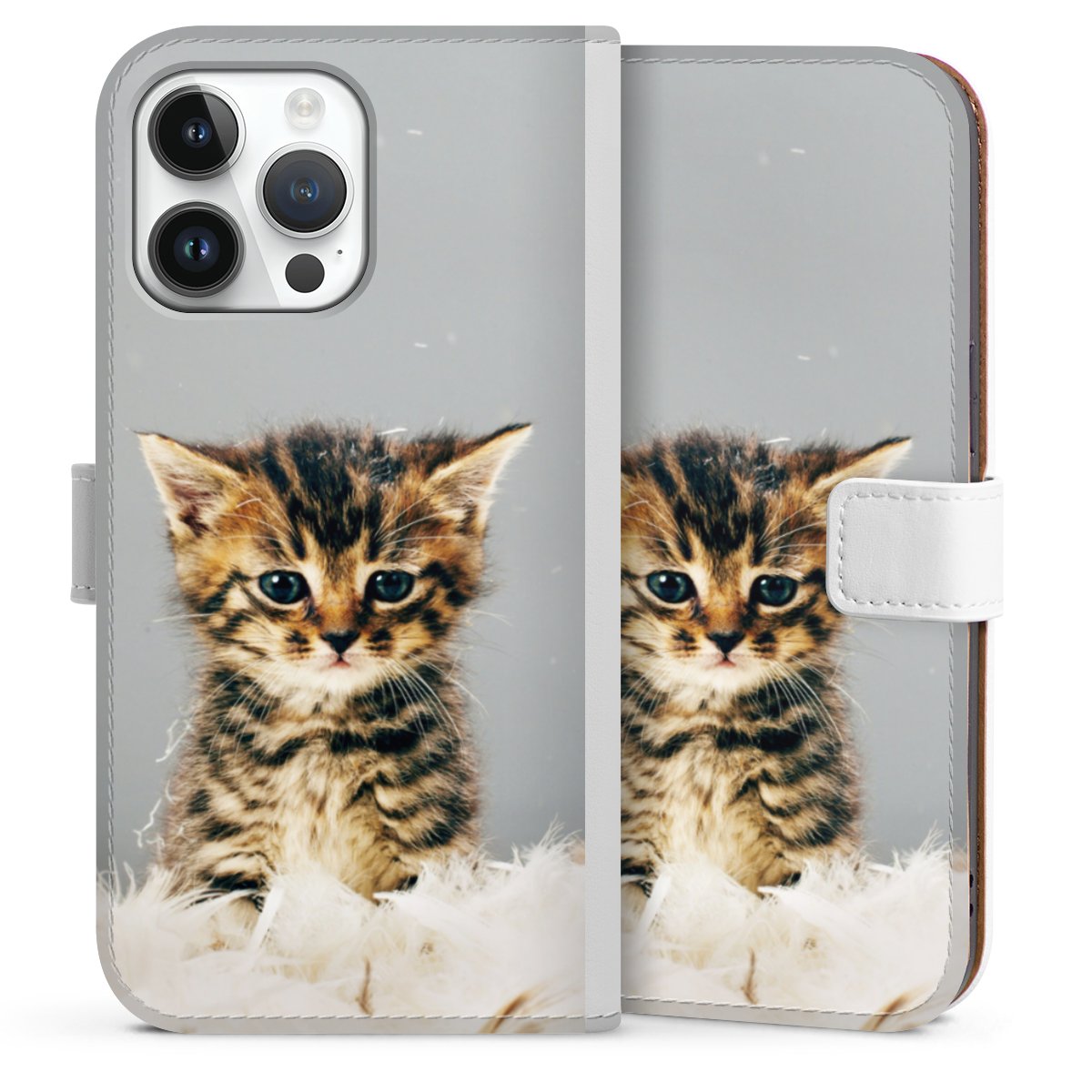 iPhone 14 Pro Max Handy Klapphülle Handyhülle aus Kunst Leder weiß Flip Case Cat Feather Pet Sideflip mit Lasche