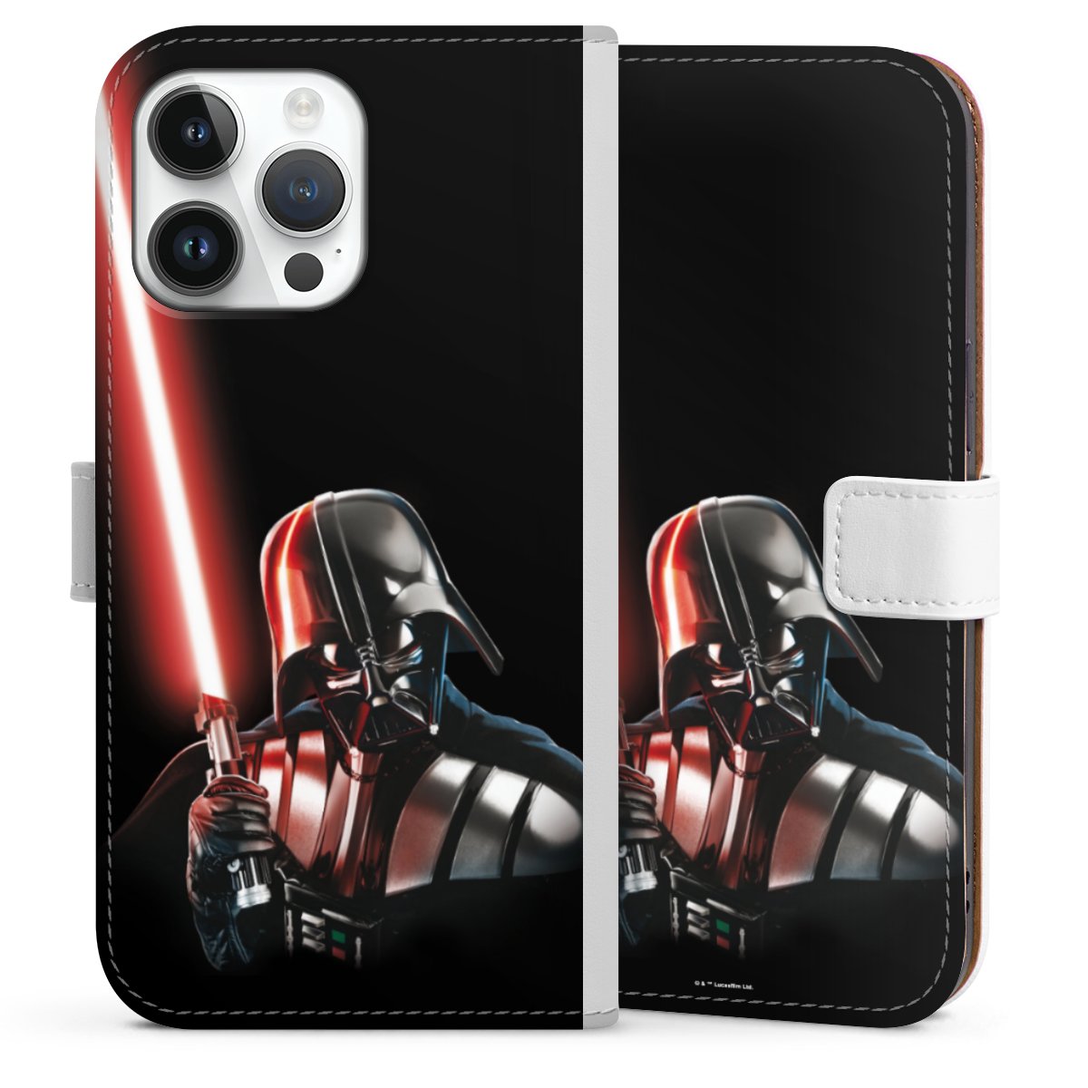 iPhone 14 Pro Max Handy Klapphülle Handyhülle aus Kunst Leder weiß Flip Case Star Wars Merchandise Darth Vader Sideflip mit Lasche