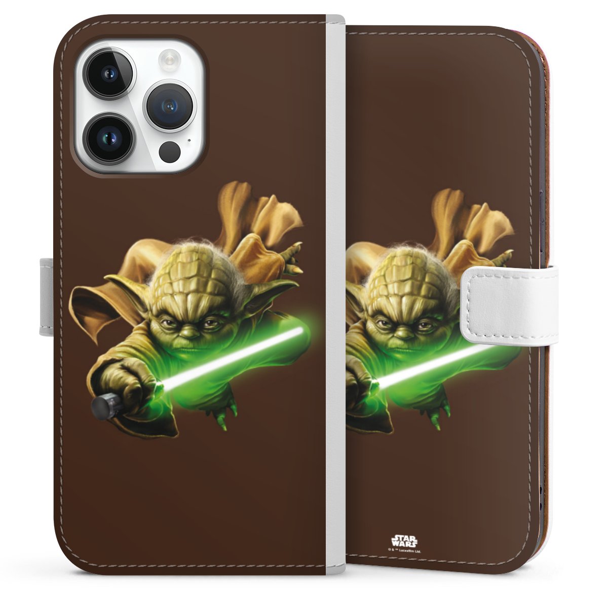 iPhone 14 Pro Max Handy Klapphülle Handyhülle aus Kunst Leder weiß Flip Case Yoda Merchandise Star Wars Sideflip mit Lasche