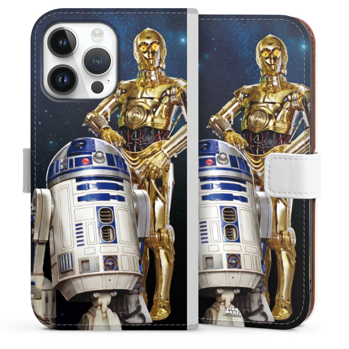 iPhone 14 Pro Max Handy Klapphülle Handyhülle aus Kunst Leder weiß Flip Case Weltall Star Wars R2d2 Sideflip mit Lasche