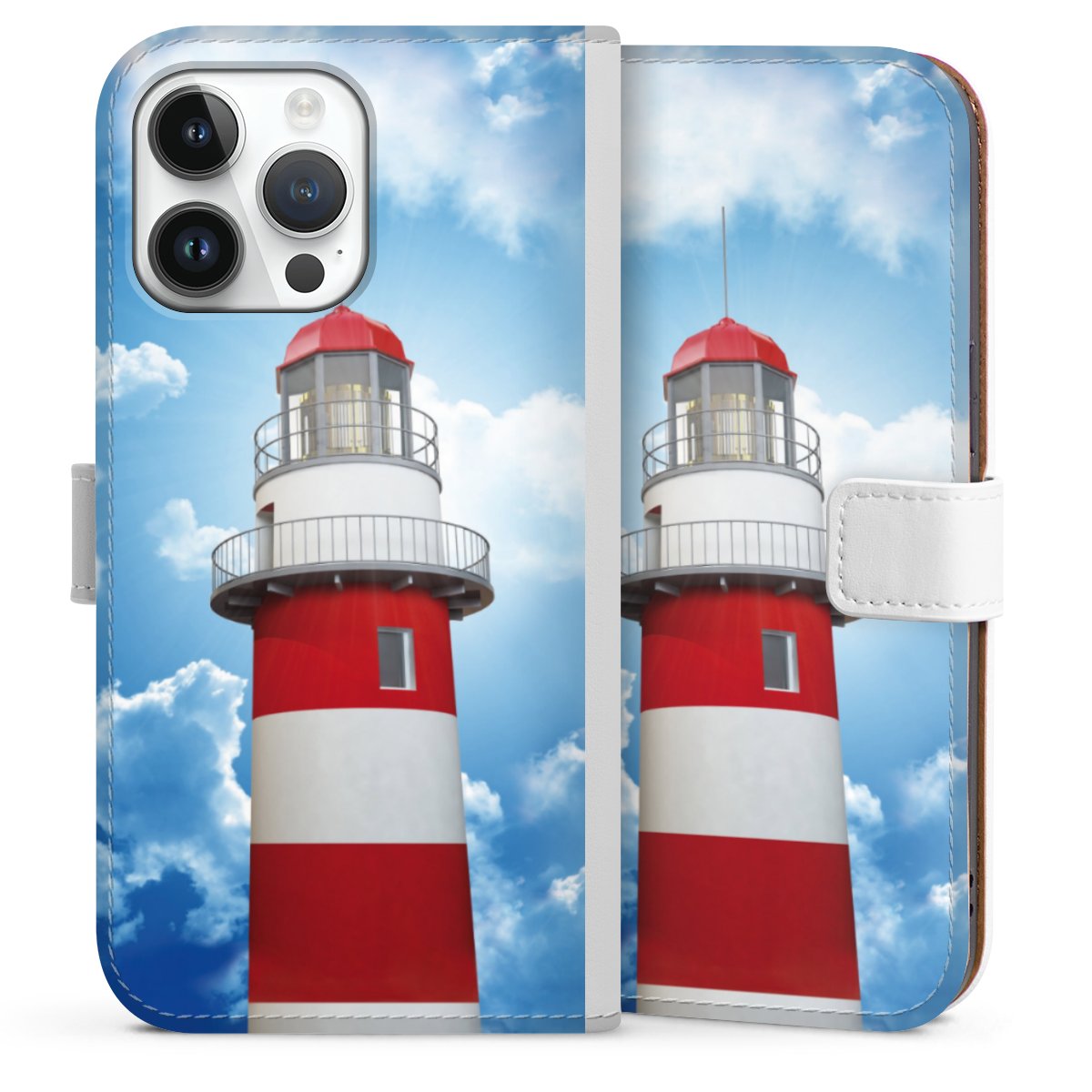 iPhone 14 Pro Max Handy Klapphülle Handyhülle aus Kunst Leder weiß Flip Case Lighthouse Sky Cloud Sideflip mit Lasche