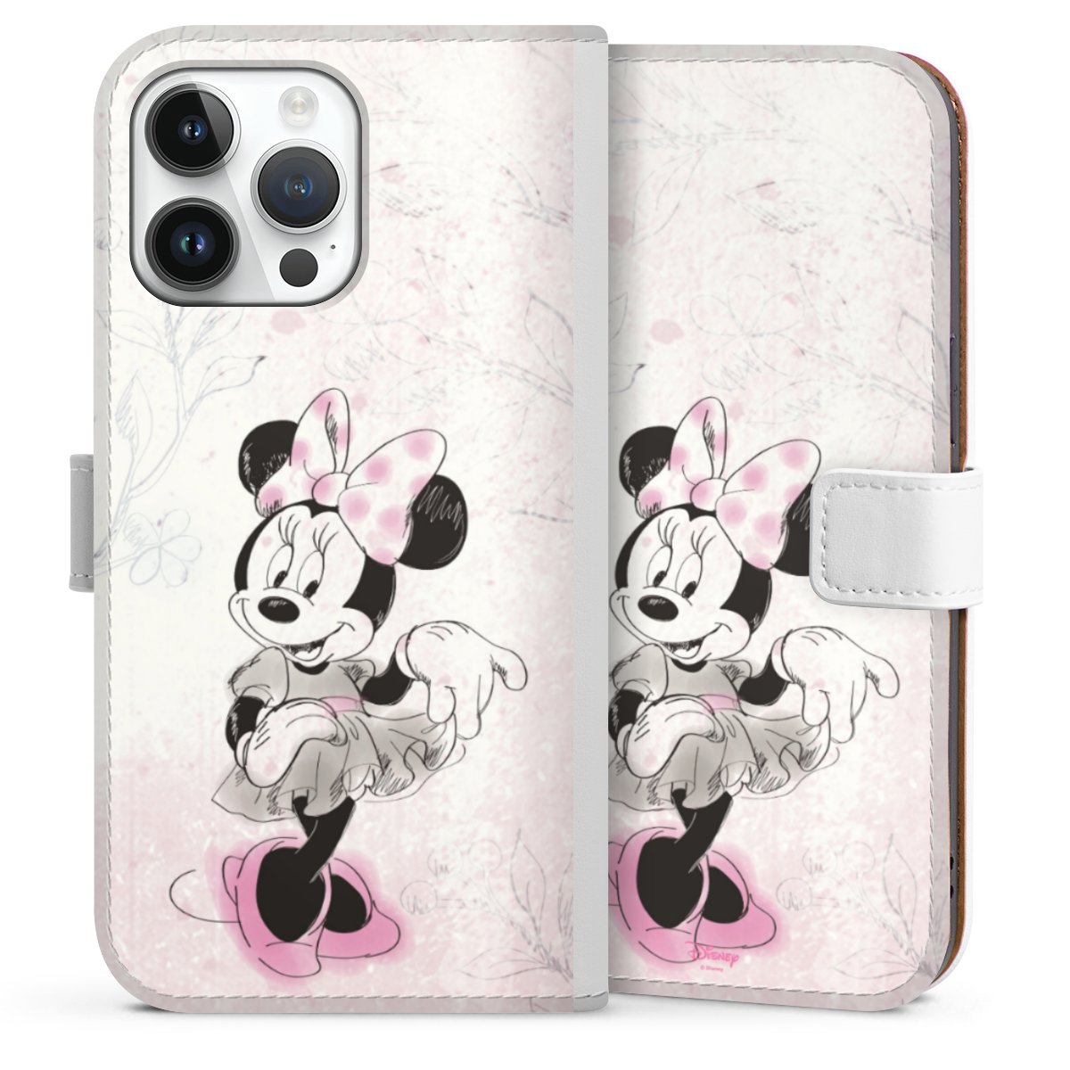 iPhone 14 Pro Max Handy Klapphülle Handyhülle aus Kunst Leder weiß Flip Case Disney Minnie Mouse Vintage Sideflip mit Lasche