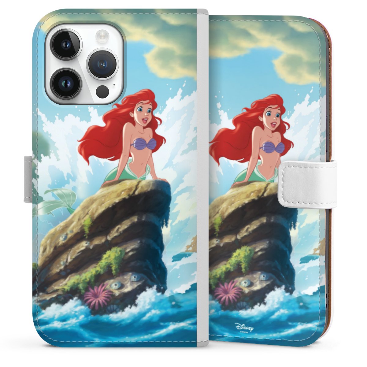 iPhone 14 Pro Max Handy Klapphülle Handyhülle aus Kunst Leder weiß Flip Case Mermaid Arielle Die Meerjungfrau Official Licensed Product Sideflip mit Lasche