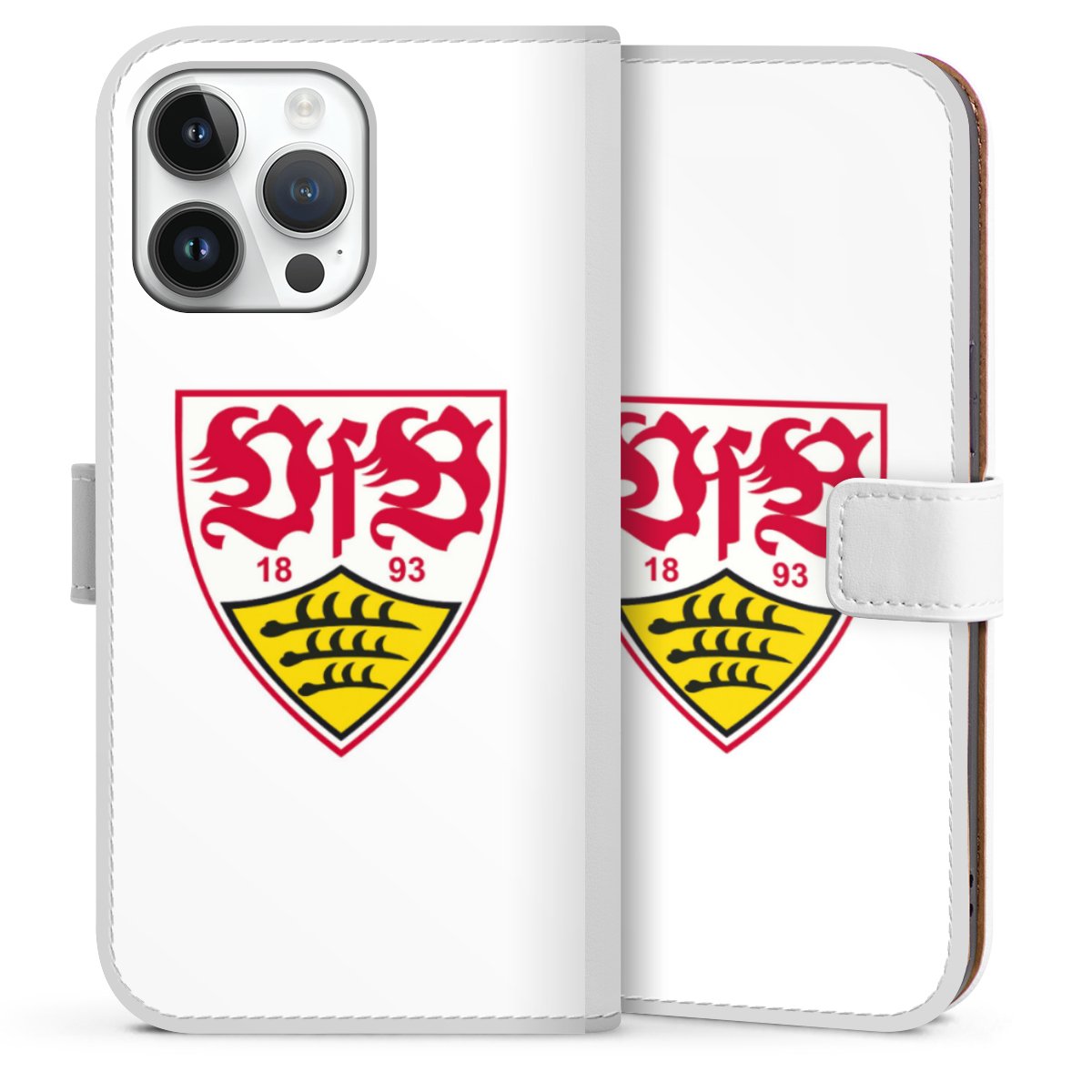 iPhone 14 Pro Max Handy Klapphülle Handyhülle aus Kunst Leder weiß Flip Case Logo Official Licensed Product Vfb Stuttgart Sideflip mit Lasche