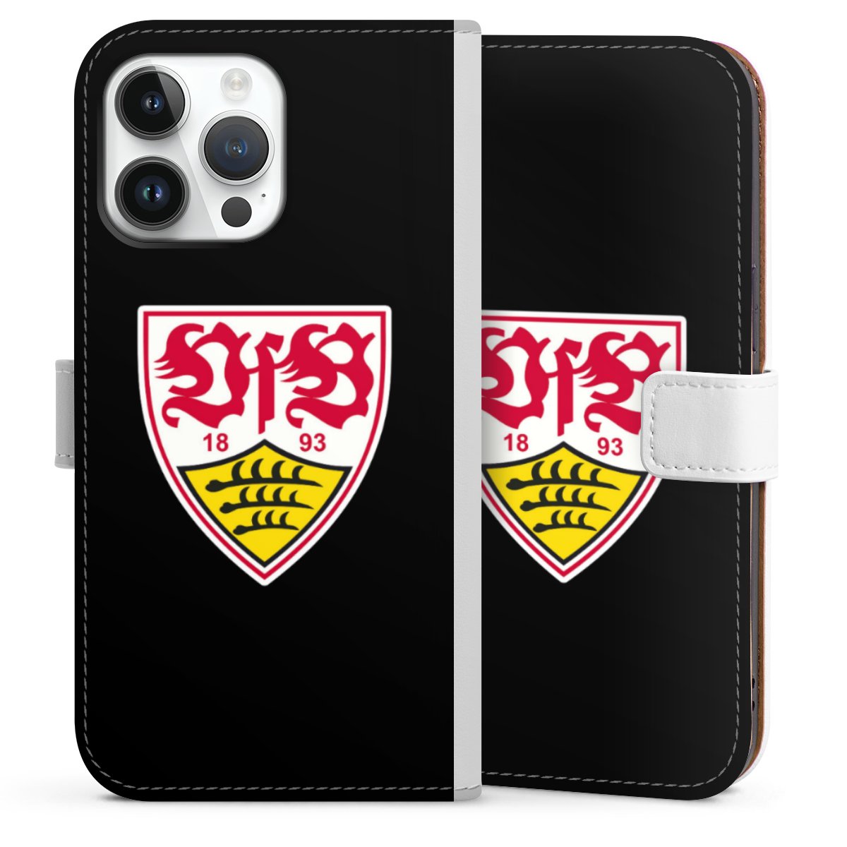 iPhone 14 Pro Max Handy Klapphülle Handyhülle aus Kunst Leder weiß Flip Case Vfb Stuttgart Official Licensed Product Coat Of Arms Sideflip mit Lasche