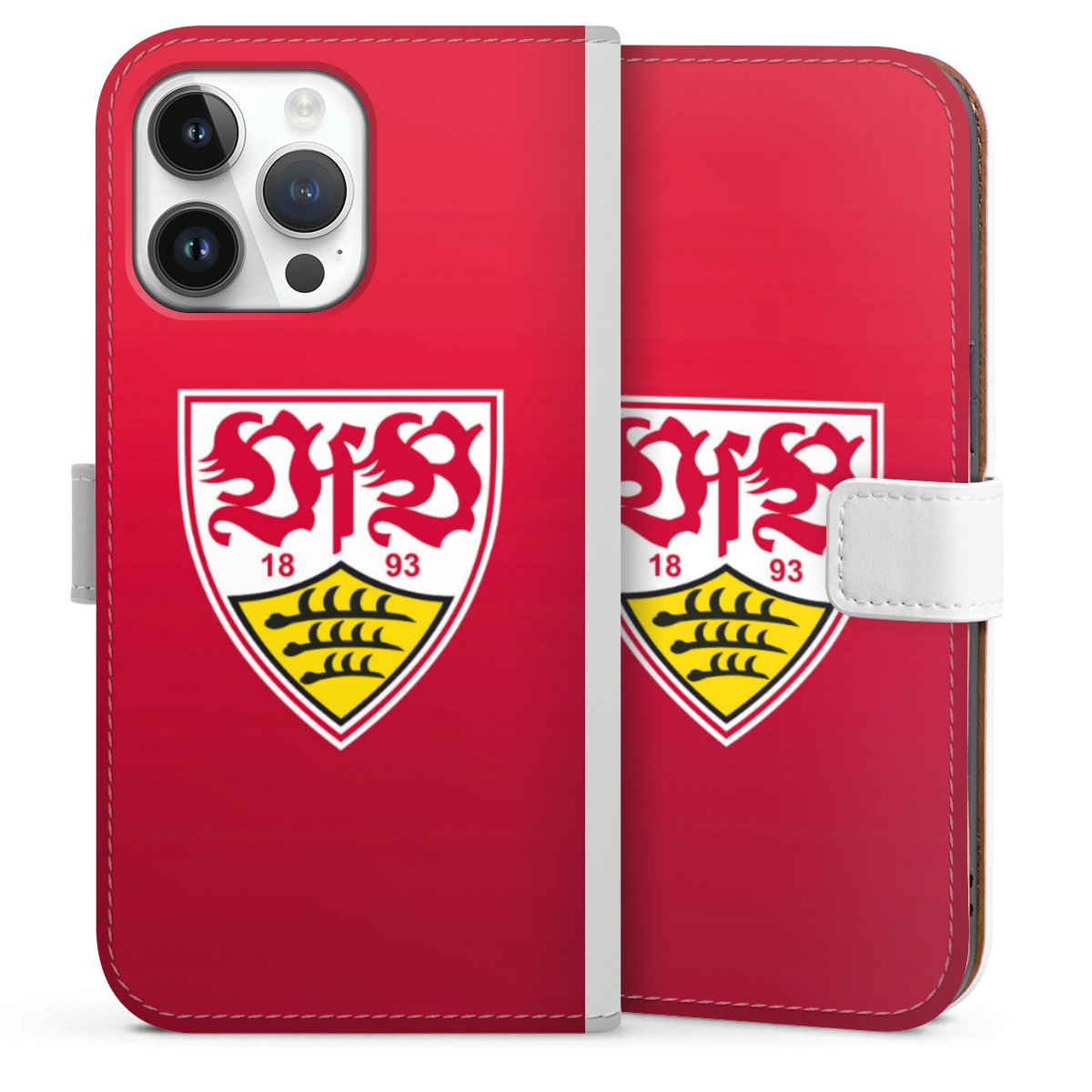 iPhone 14 Pro Max Handy Klapphülle Handyhülle aus Kunst Leder weiß Flip Case Official Licensed Product Vfb Stuttgart Sideflip mit Lasche