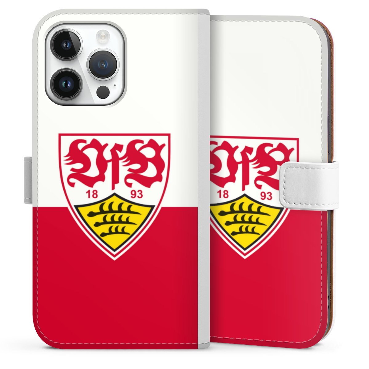 iPhone 14 Pro Max Handy Klapphülle Handyhülle aus Kunst Leder weiß Flip Case Official Licensed Product Logo Vfb Stuttgart Sideflip mit Lasche