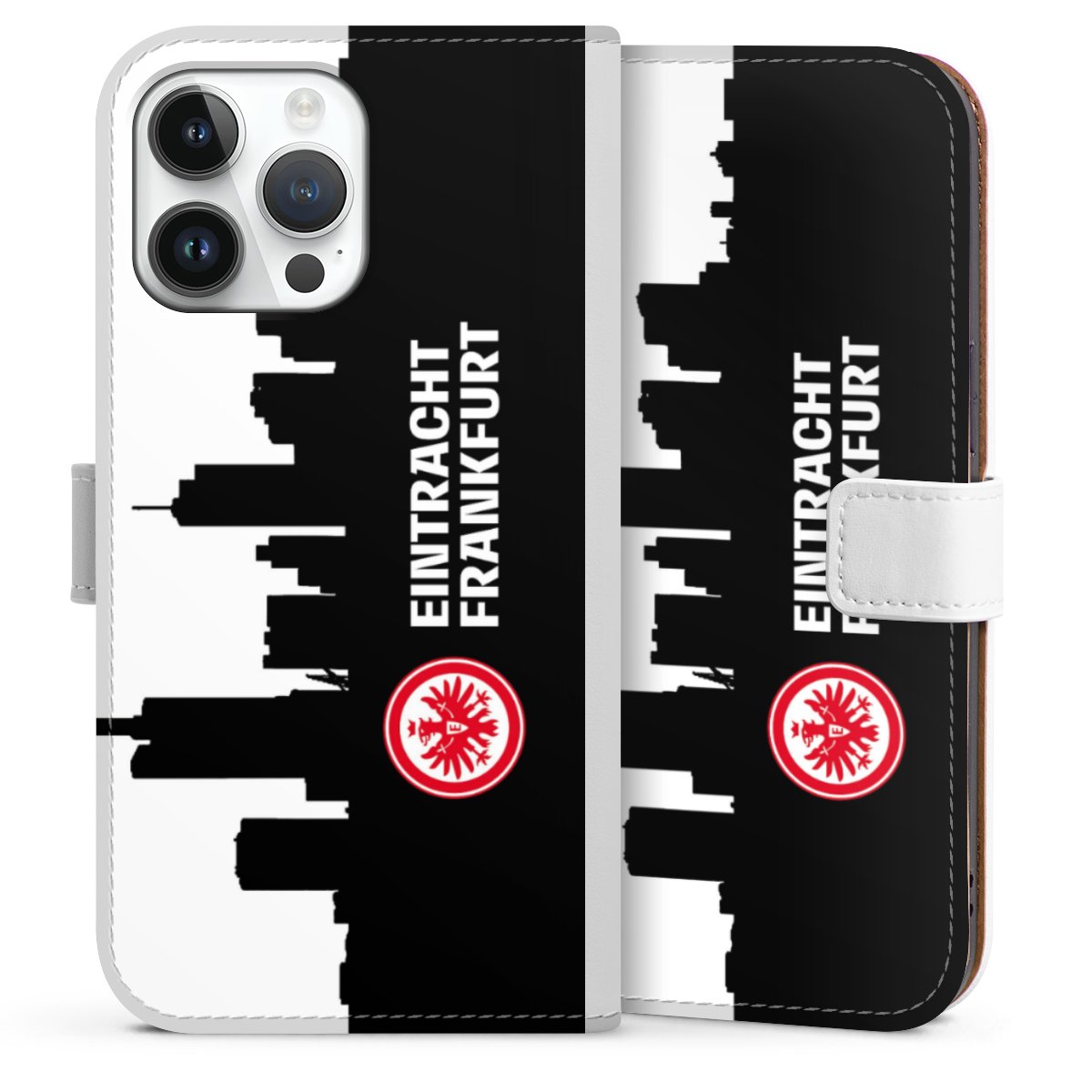 iPhone 14 Pro Max Handy Klapphülle Handyhülle aus Kunst Leder weiß Flip Case Sge Eintracht Frankfurt Official Licensed Product Sideflip mit Lasche