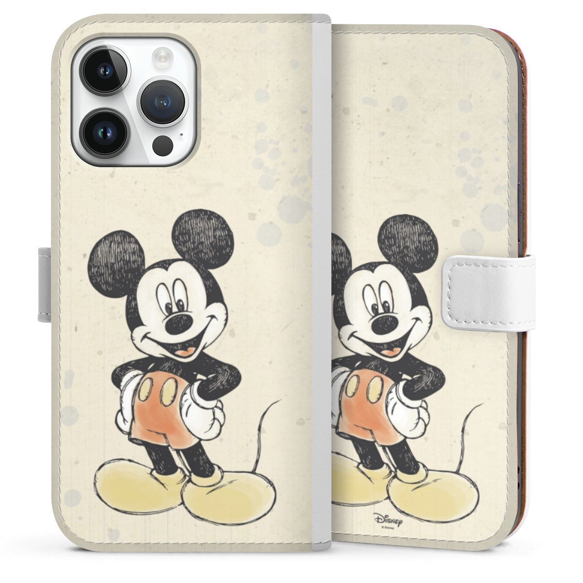 iPhone 14 Pro Max Handy Klapphülle Handyhülle aus Kunst Leder weiß Flip Case Water Colour Mickey & Minnie Mouse Official Licensed Product Sideflip mit Lasche