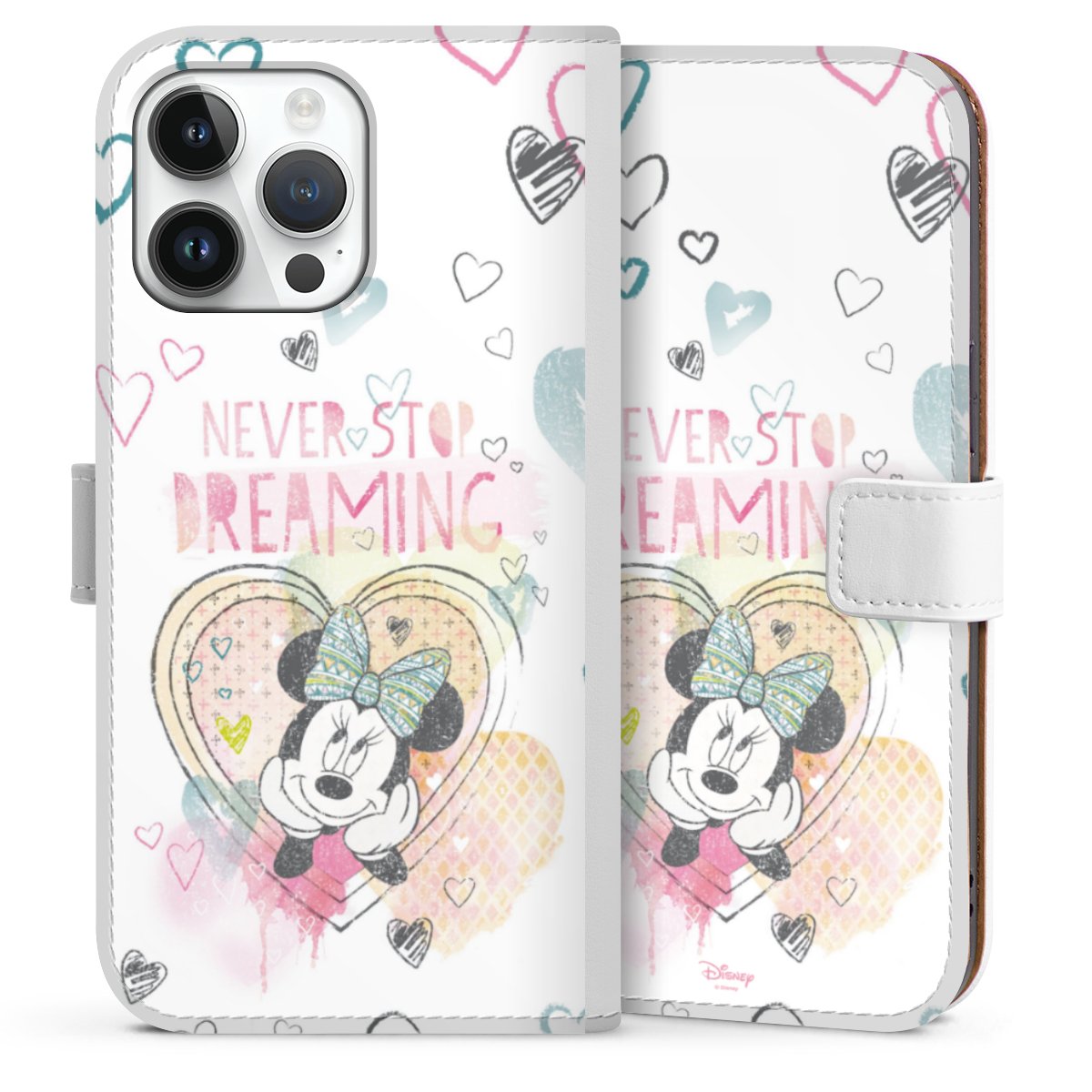 iPhone 14 Pro Max Handy Klapphülle Handyhülle aus Kunst Leder weiß Flip Case Disney Official Licensed Product Minnie Mouse Sideflip mit Lasche