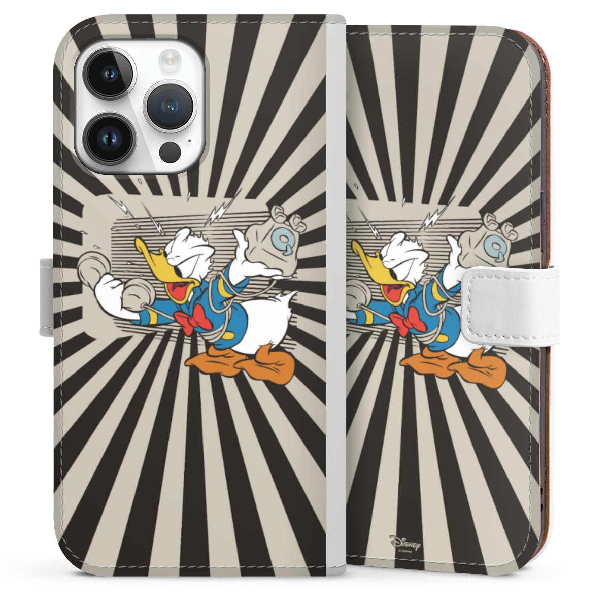 iPhone 14 Pro Max Handy Klapphülle Handyhülle aus Kunst Leder weiß Flip Case Donald Duck Disney Official Licensed Product Sideflip mit Lasche