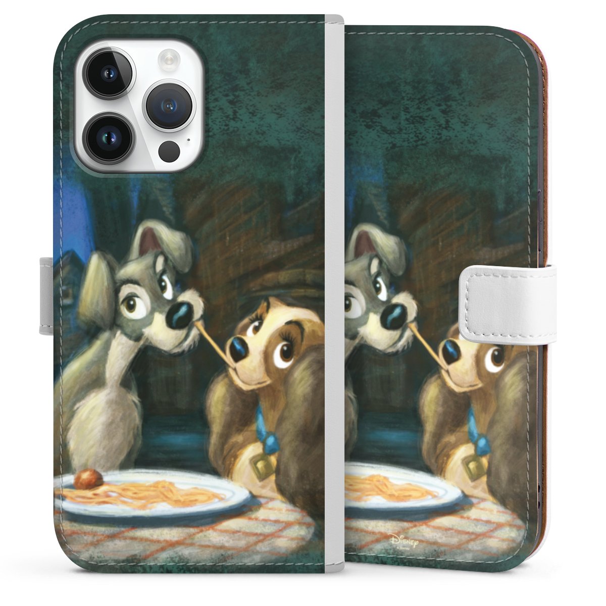 iPhone 14 Pro Max Handy Klapphülle Handyhülle aus Kunst Leder weiß Flip Case Lady And The Tramp Official Licensed Product Disney Sideflip mit Lasche