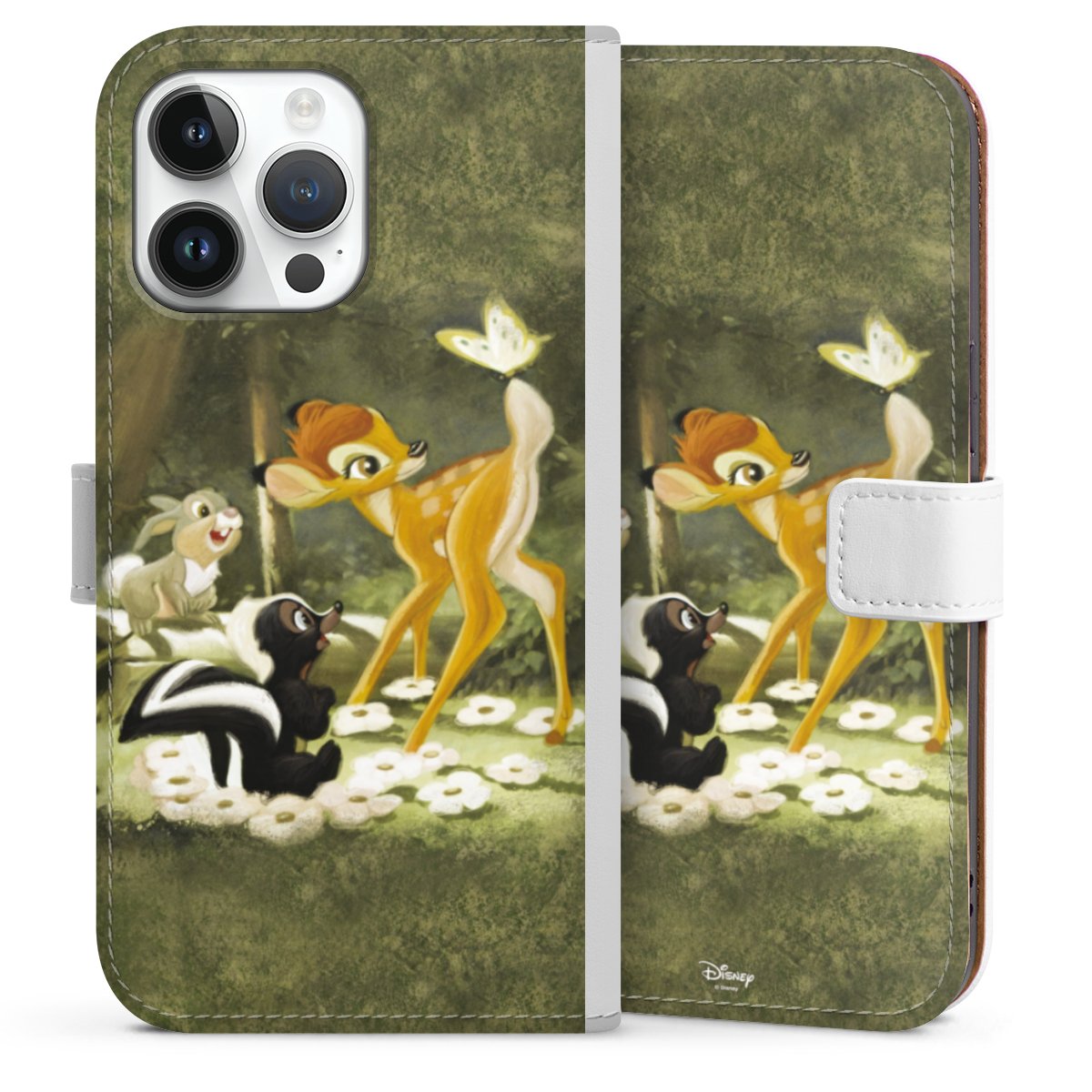 iPhone 14 Pro Max Handy Klapphülle Handyhülle aus Kunst Leder weiß Flip Case Disney Official Licensed Product Bambi Sideflip mit Lasche