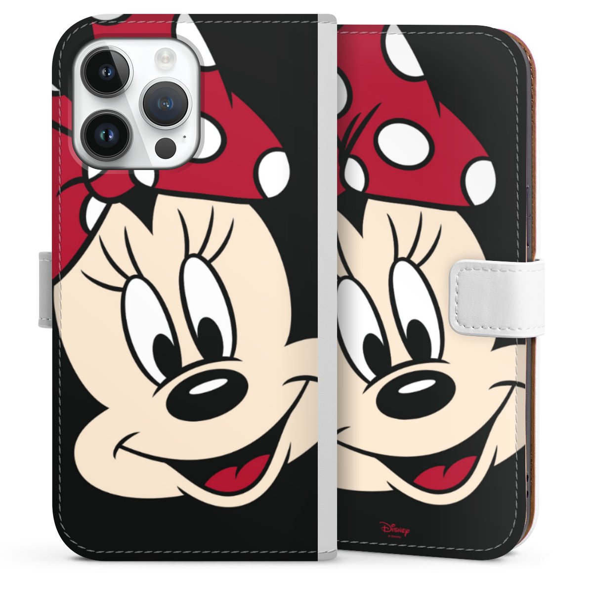 iPhone 14 Pro Max Handy Klapphülle Handyhülle aus Kunst Leder weiß Flip Case Minnie Mouse Official Licensed Product Disney Sideflip mit Lasche