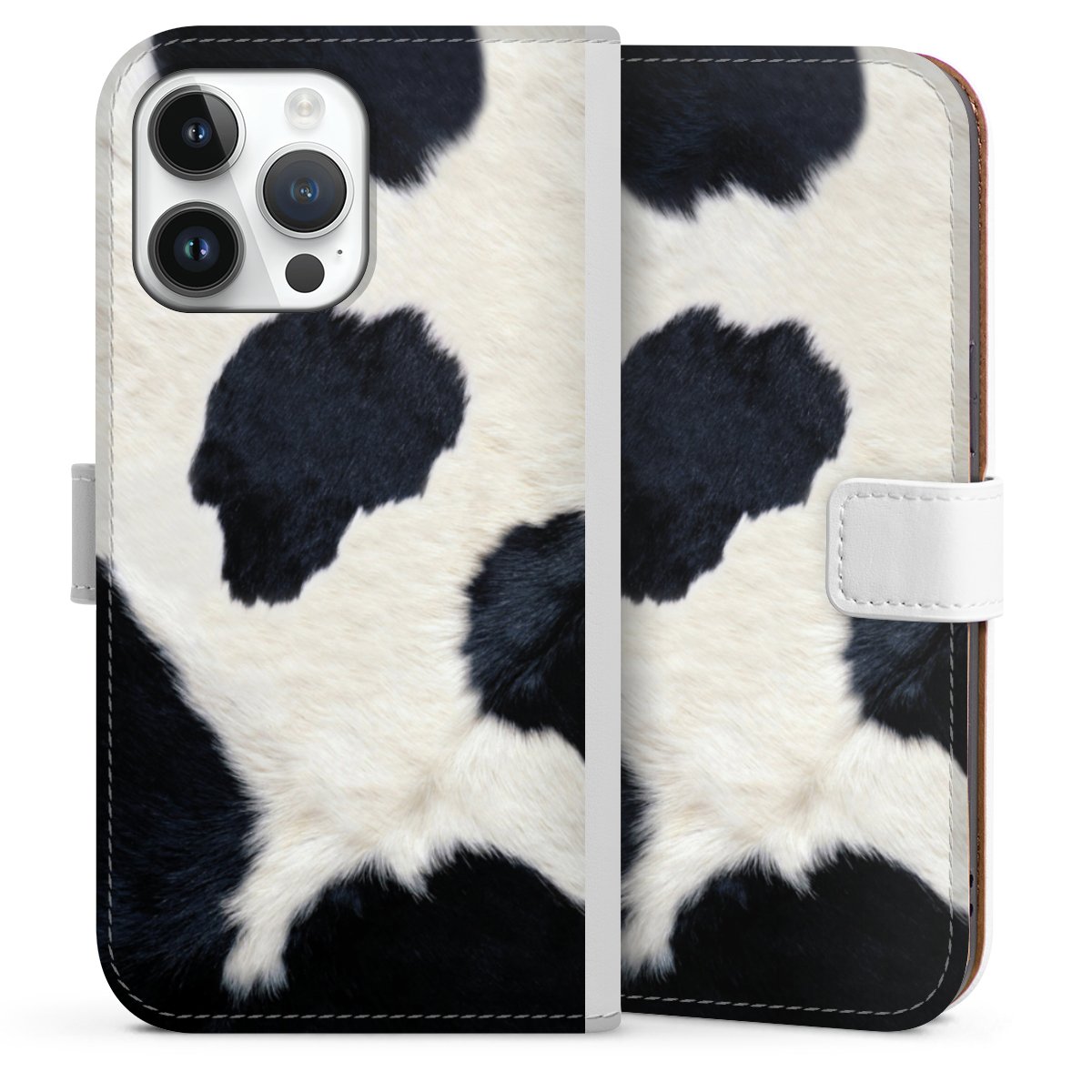 iPhone 14 Pro Max Handy Klapphülle Handyhülle aus Kunst Leder weiß Flip Case Animal Look Animal Print Cow Skin Sideflip mit Lasche