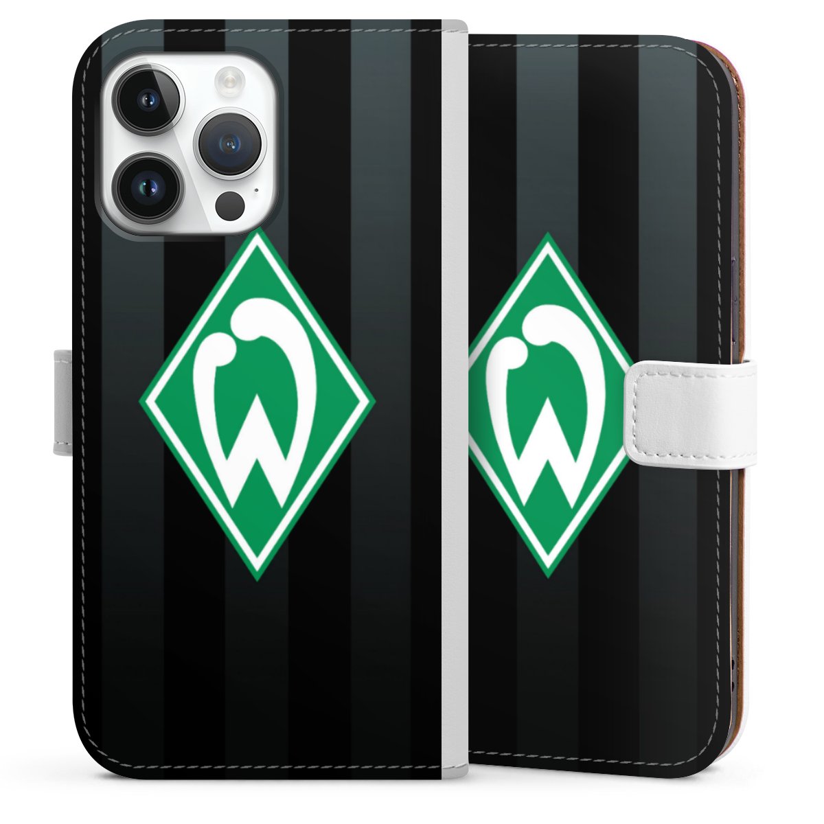 iPhone 14 Pro Max Handy Klapphülle Handyhülle aus Kunst Leder weiß Flip Case Stripes Sv Werder Bremen Official Licensed Product Sideflip mit Lasche