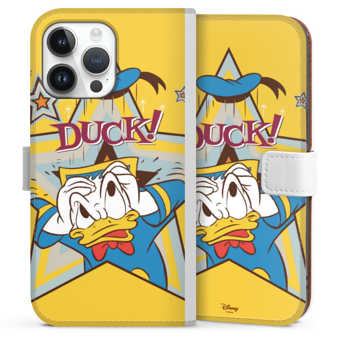 iPhone 14 Pro Max Handy Klapphülle Handyhülle aus Kunst Leder weiß Flip Case Official Licensed Product Donald Duck Disney Sideflip mit Lasche